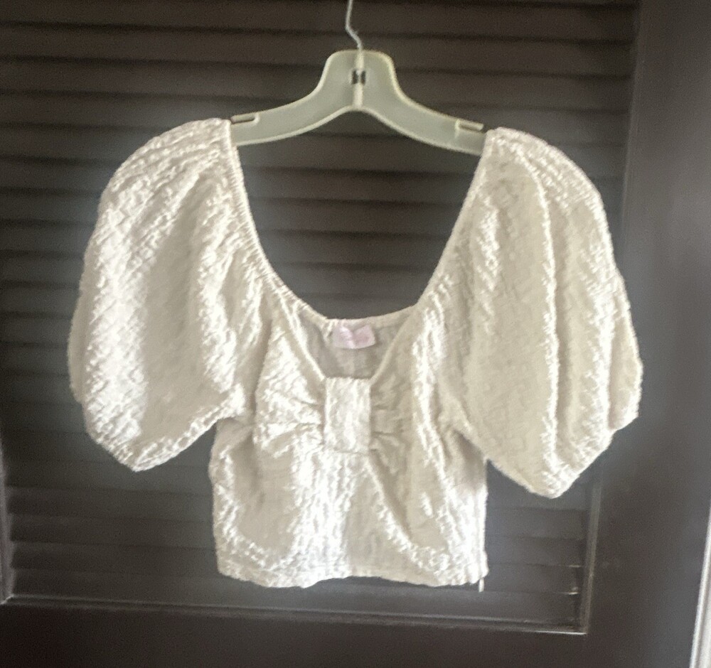 Pink Lily Women’s S White Textured Square Neck Puff Short Sleeve Crop Blouse